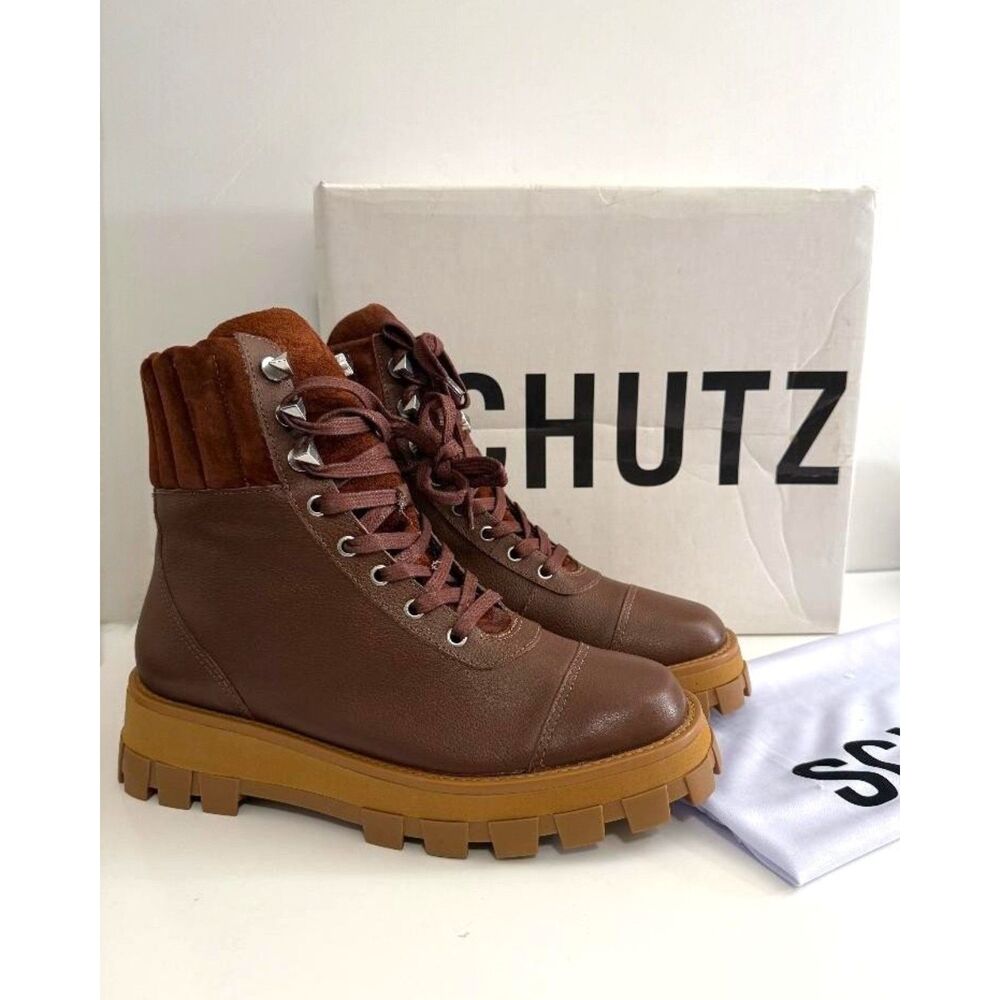 Schutz Brown Leather Lace Up Hiker Boots - Sutton. New in Box! Size 8.5